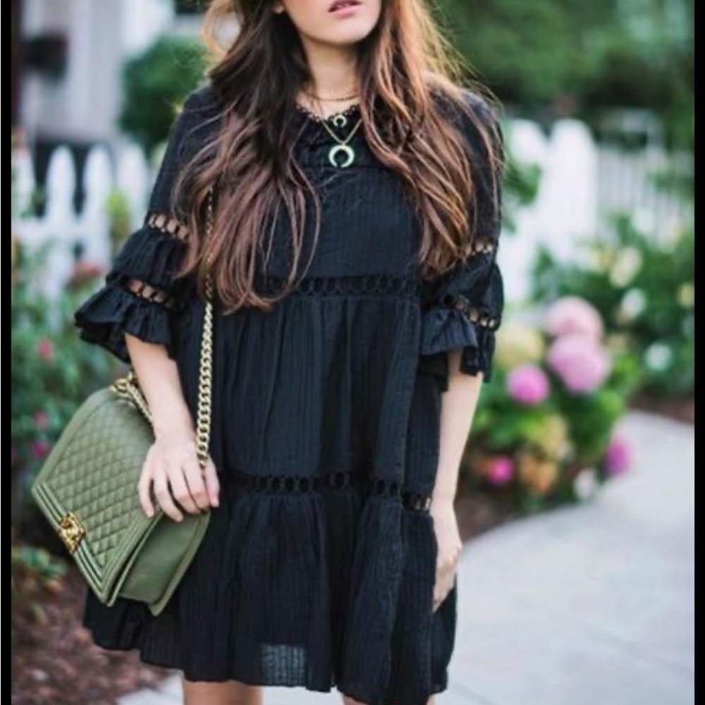 Anthropologie Ari+Ali Little Black Dress Mini Babydoll Length Boho Size XS Petie